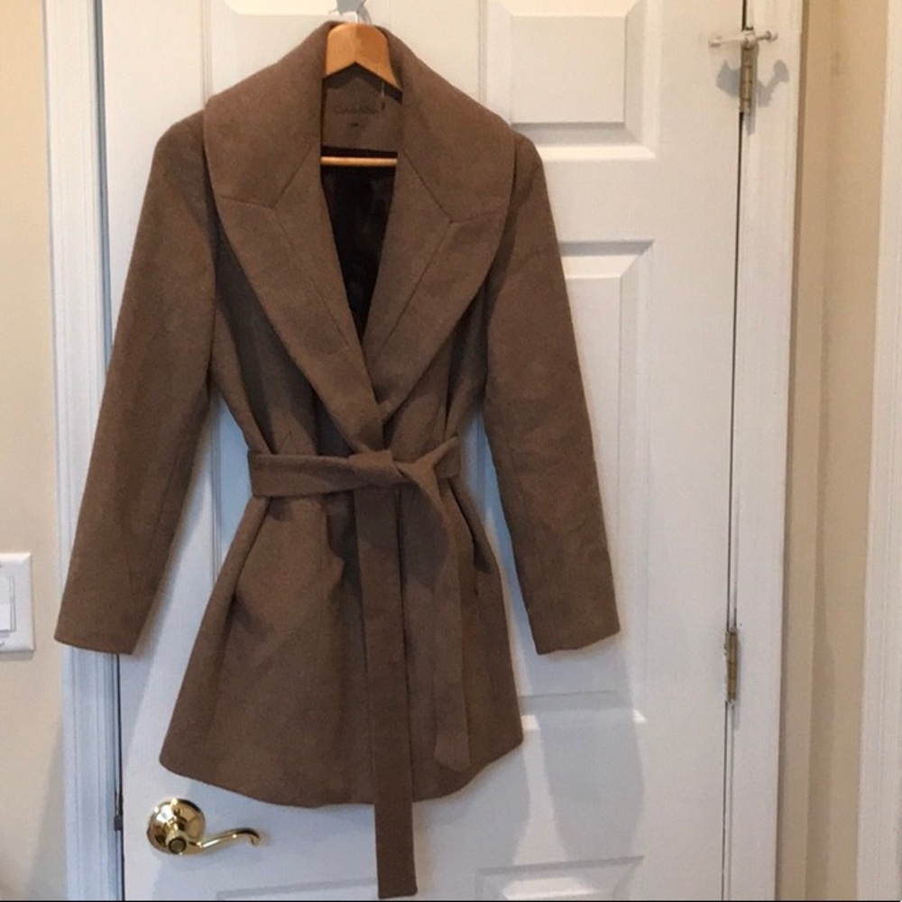 Calvin Klein Silk Wool Blend Shawl Collar Wrap Coat